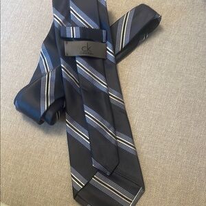 Calvin Klein Dark Blue Tie with White and Gray Stripes